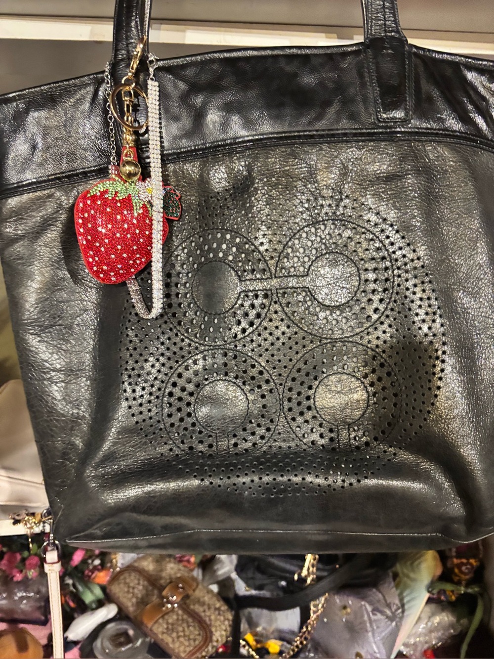 Coach Black Leather Perforated Tote Bag with with like a grayish black center